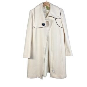 Wool Blend Cream Coat Asymmetrical Zip Front Black Trim Elegant Luxury Sz Large